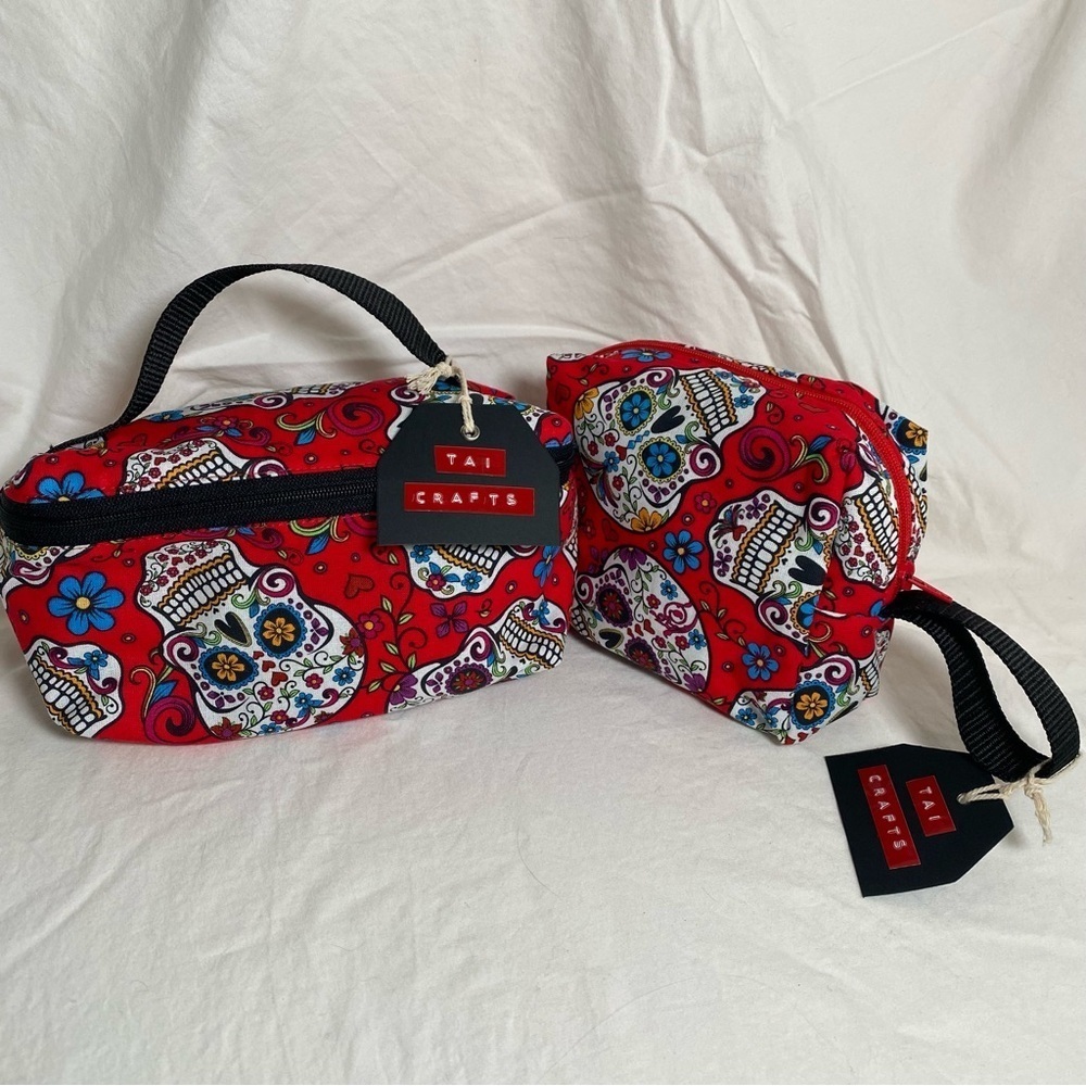 Handmade Accessories Bag Set Red & White Skull pattern with zipper openings. New - Picture 3 of 10